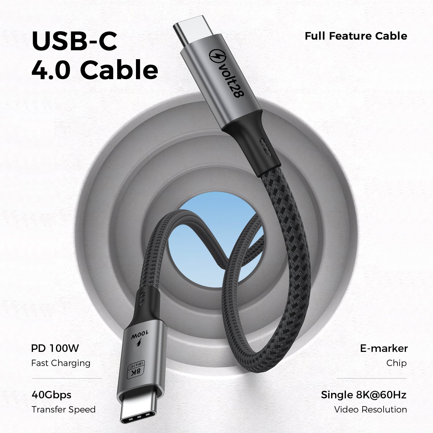 USB4 Gen 3 C to C Ultra High-Speed Cable – 100W, 1 Meter (Grey, Braided)